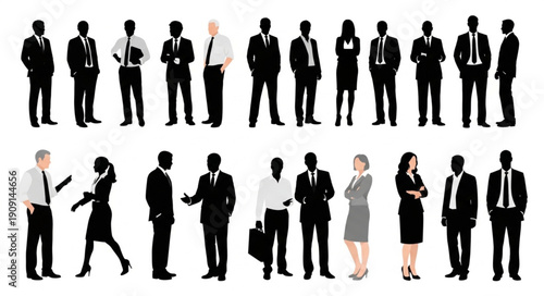Diverse group of business people standing in silhouette and full color.