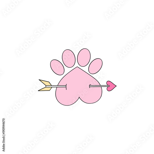 Animal Paw Pierced with Arrow Clipart, Cute Cat Dog Lover V-Day Romantic Pet Aesthetic Illustration for T-Shirt Design, Scrapbooking and Stickers