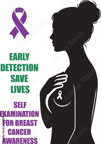 Woman checking her breast to prevent and support the cause of breast cancer. Breast self exam concept vector illustration