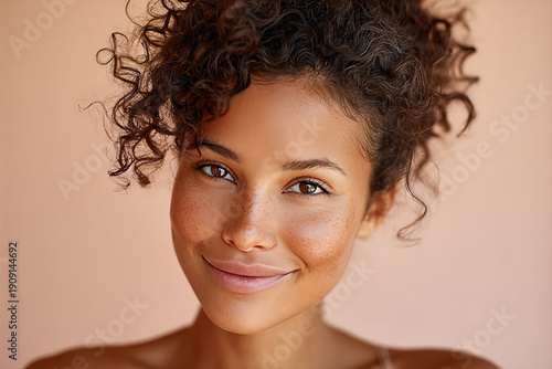 Mixed - race model with curly updo and freckles, warm closed - lip smile and direct gaze, bare shoulders against a peach backdrop with soft natural light