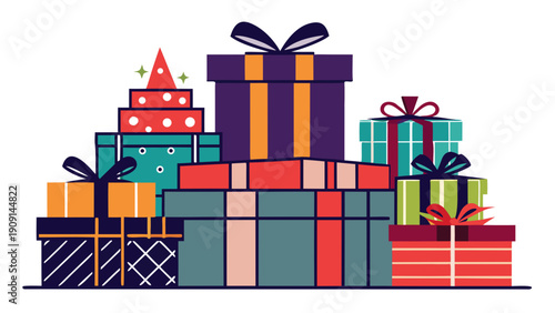 Festive silhouette of a stack of Christmas gifts with ribbons, isolated on white, conveying holiday cheer and generosity.