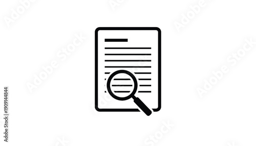 Document search icon with magnifying glass over text lines, minimalist black outline symbol for file review, paperwork inspection, report analysis and audit UI