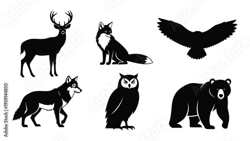 A collection of various wildlife animals in silhouette form isolated on white background, Vector