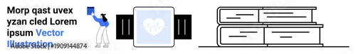 Digital health, education, technology, reading, modern gadgets, wellness. Smartwatch with heart symbol, person holding device books. Digital health and education modern technology and lifestyle