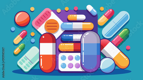 Vector illustration of various pills and capsules, isolated on white, representing medicine and health.