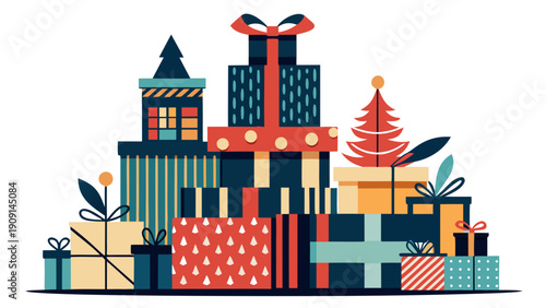 A clean silhouette of stacked holiday gifts, isolated on white, for use in seasonal promotional materials.