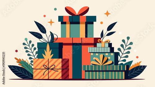 Clean vector illustration: isolated silhouette of a stack of holiday gifts, representing generosity and festive occasions.