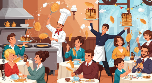 Illustration of people celebrating Shrove Tuesday with a pancake race, flipping pancakes in a lively restaurant setting with chefs and tables.
