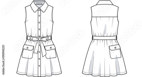 Fashionable Sleeveless Dress Flat Sketch: A Versatile Technical Drawing for Design, Manufacturing, and Style Inspiration [Vector Illustration]