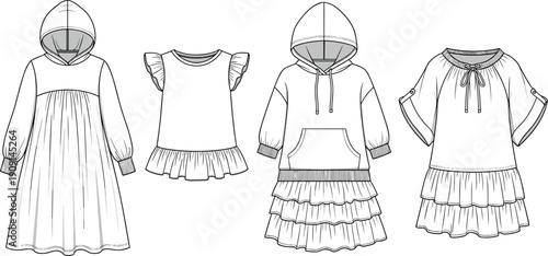 Technical Fashion Drawings: A Collection of Stylish Dresses with Ruffles and Hoods for Children's Apparel Design and Illustration