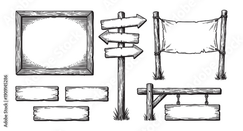 Set of rustic wooden signposts direction arrows and hanging boards in a vintage hand-drawn woodcut style.