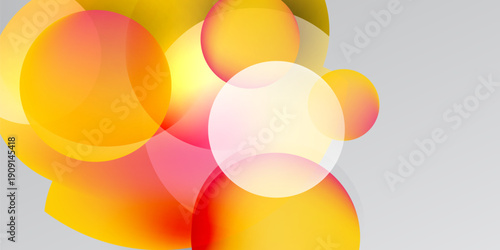 Abstract circles overlap, creating warm color gradients. Yellows, oranges, pinks blend against gray, black background. Modern design.