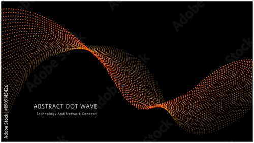 Abstract orange dot wave on black background, futuristic digital particle flow for technology and network concept.黒い背景にオレンジ色のドットの抽象的な波、テクノロジーやネットワーク