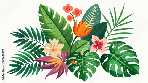 Vibrant, realistic vector illustration of assorted tropical leaves and exotic flowers, isolated on white, perfect for nature designs.