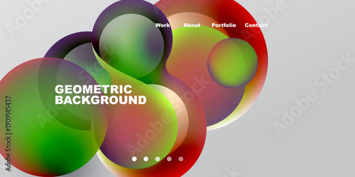 Abstract colorful circles overlap. Text elements present work, about, portfolio, contact. Gradient shades create dynamic visual effect.