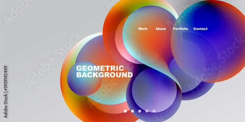 Abstract colorful shapes overlap. Text includes geometric background, work, about, portfolio, contact. Gradient hues dominate design.