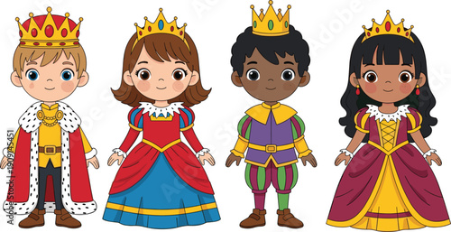 Cute cartoon royal family collection featuring diverse little prince and princess characters in colorful fairy tale costumes for children book illustrations and fantasy designs. (25 words)