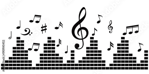 Musical note wave. Music notes melody on white background. Music notes wave, musical notes on vector illustration
