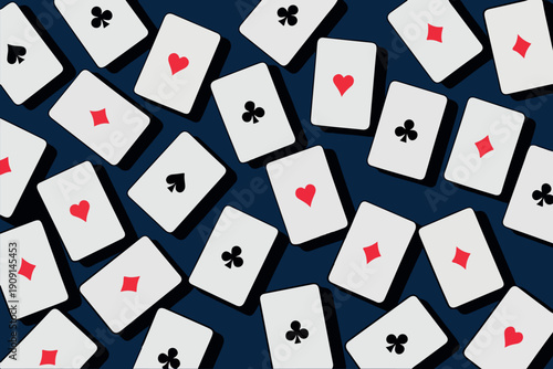 Geometric seamless pattern of playing card suits on a dark background. Minimalist red and black heart suit symbols for casino branding. Retro 70s style playing card back design. 