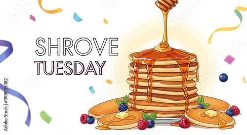 Illustration of a stack of pancakes with syrup and berries celebrating Shrove Tuesday with colorful confetti in the background.