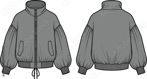 Technical Drawing of a Gray Puffer Jacket with Bishop Sleeves: Front and Back Views for Fashion Design and Pattern Making Projects