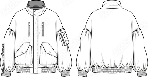 Technical Drawing of Fashionable Bomber Jacket: Vector Illustration for Apparel Design, Mockups, and Trend Forecasting in Women's Wear