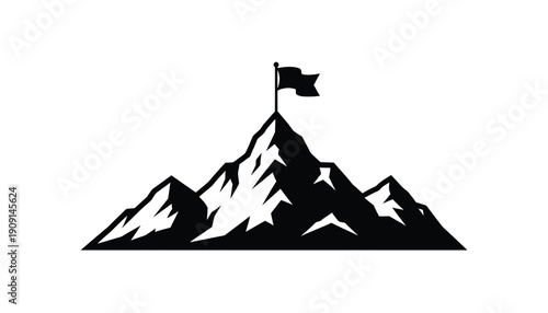 Mountain peak silhouette with flag on summit, minimalist black icon of alpine range symbolizing achievement, goal success, leadership, and adventure outdoors