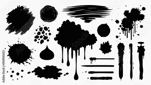 Set of messy black ink brush paint strokes, vector illustration with a gritty, artistic feel, isolated on white background.