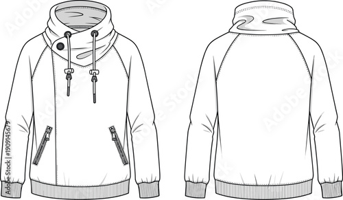 Fashionable Unisex High-Collar Pullover Hoodie Technical Sketch: Modern Apparel Design for Trendsetters and Urban Style, Offering Versatility for Fashion Design and Retail