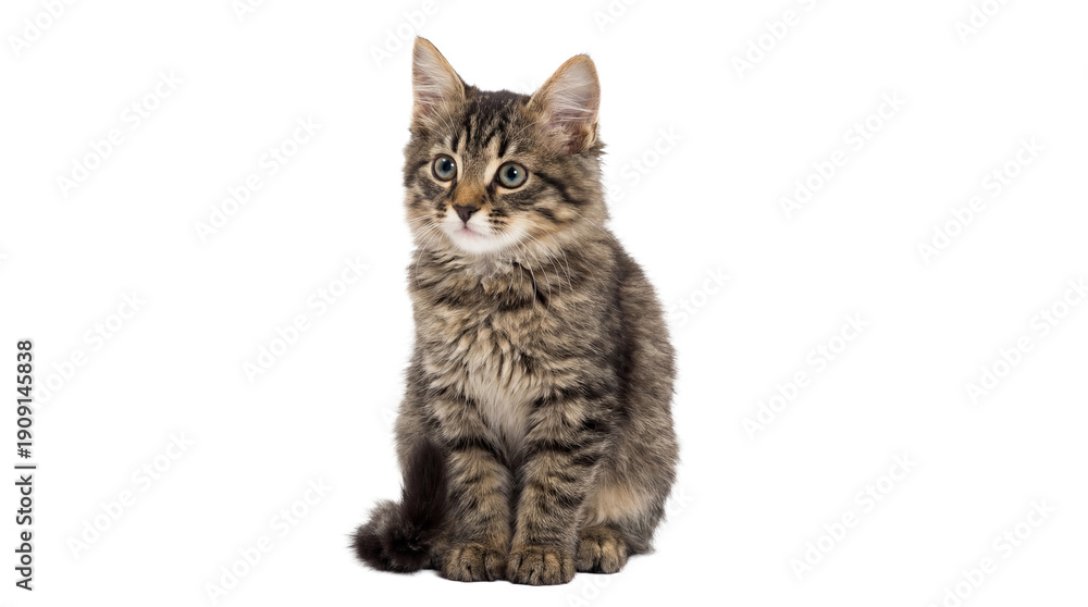 Obraz premium curious fluffy tabby kitten sitting, facing forward with bright eyes, isolated on a transparent background for versatile design use in pet content.