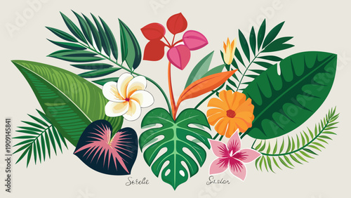 Realistic collection of vibrant tropical leaves and exotic flowers, ideal for summer or nature-themed designs.