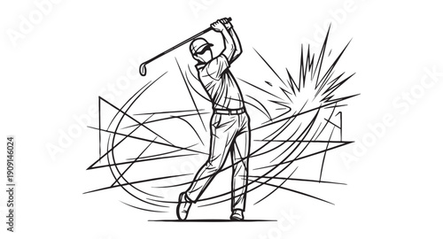 Professional golfer finishing a powerful swing with motion lines in a minimalist hand-drawn ink sketch style.