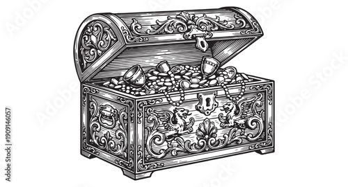 Adobe Illustrator Open antique treasure chest filled with gold coins and chalices in an intricate baroque engraving style.