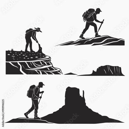 Hikers climbing a mountain with a pickaxe and backpack