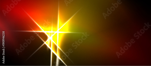 Bright light flare dominates image. Red, orange, yellow gradients blend into darkness. Sharp rays emanate from central point. Dramatic effect.