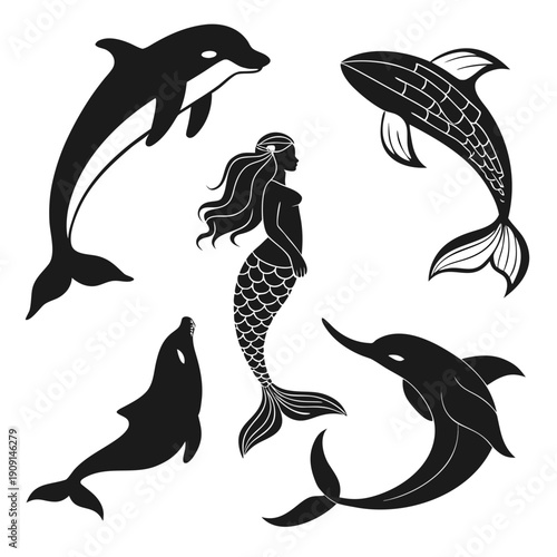 A group of sea creatures including a mermaid