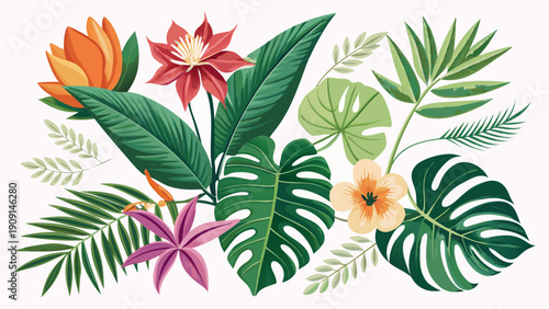 Collection of realistic tropical leaves and vibrant exotic flowers, perfect for creating lush summer or nature-themed designs.
