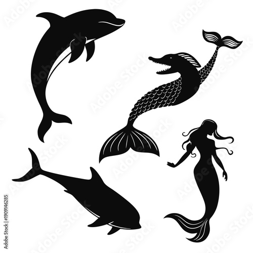 A group of sea creatures and a mermaid