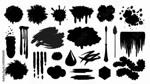 Messy black ink brush strokes and splatters in vector format, ideal for adding an artistic, textured feel to designs.