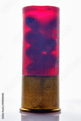 12-gauge buckshot cartridge with a red plastic casing