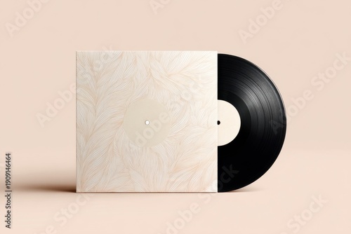 Vinyl mockup featuring a warm cream colored album cover with a textured design and a black vinyl record positioned on a soft beige background