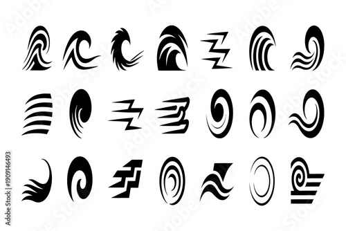 Collection of abstract black swirl and wave patterns on white background