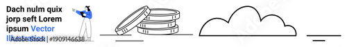 Person pointing at stacked coins alongside a cloud shape and text elements, representing concepts of finance, economy, technology, savings, cloud computing, data analysis, and a simple landing page