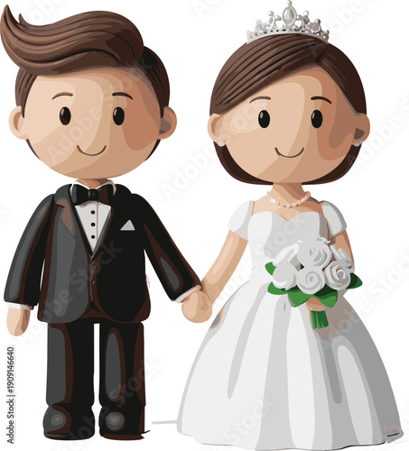 Cute Cartoon Wedding Couple Illustration of Bride and Groom Holding Hands in Formal Attire for Marriage Celebration Invitations Greeting Cards and Digital Romantic Design Projects
