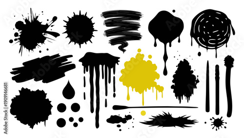 Set of messy ink brush strokes in black and white, perfect for artistic grunge design and backgrounds