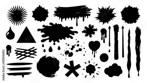 Set of messy ink brush strokes in black and white, for expressive artistic and grunge textures