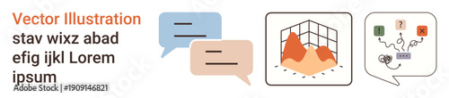 Data visualization, communication systems, decision-making, technology, collaboration, process analysis. Speech bubbles, graph projections and icons for decision-making and communication. Data