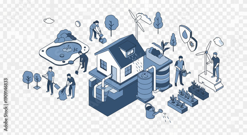 Isometric illustration of a sustainable home and garden with people working.