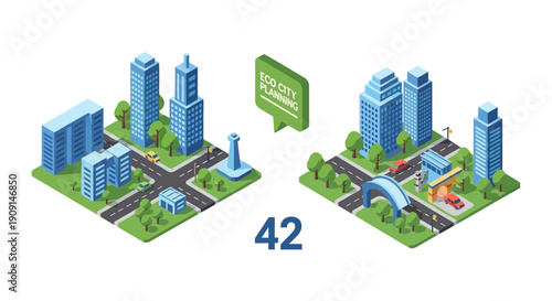 Isometric city blocks with buildings trees and roads