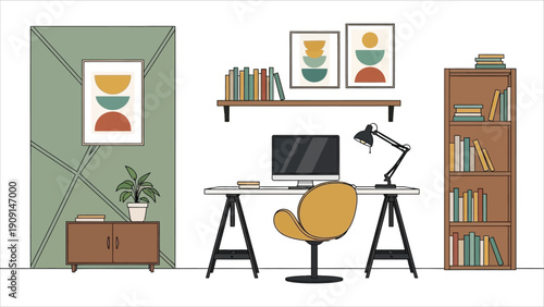 Modern Home Office Illustration – Desk, Computer, Bookshelf, and Wall Art Setup
